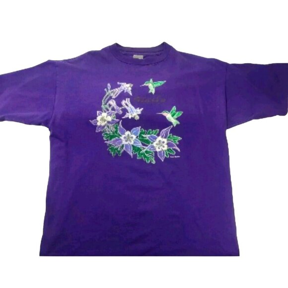 Vtg Prairie Mountain Shirt Purple Alaska Flower Hummingbird Graphic Tee … - Picture 1 of 5